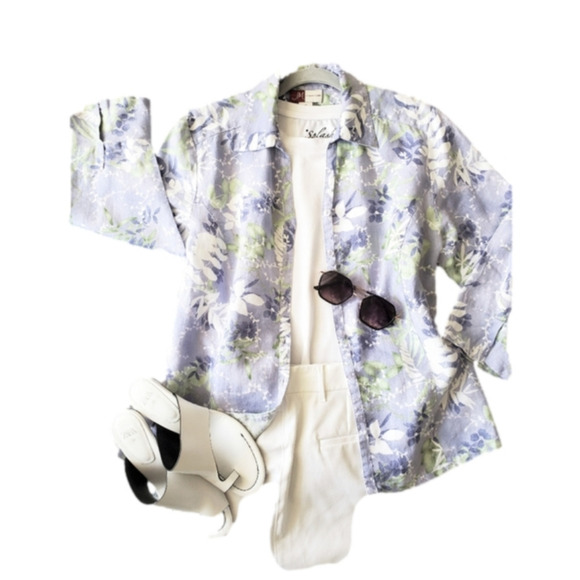 2/$35 Sale JM Colection 100% Linen Jacket-Blouse Lilac Print Size 12 Like New - Picture 2 of 12
